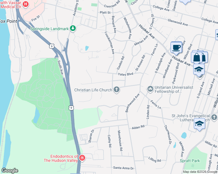 map of restaurants, bars, coffee shops, grocery stores, and more near 26 Bancroft Road in Poughkeepsie