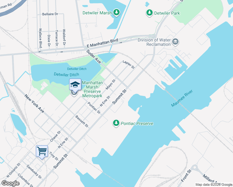 map of restaurants, bars, coffee shops, grocery stores, and more near 3402 N Summit St in Toledo