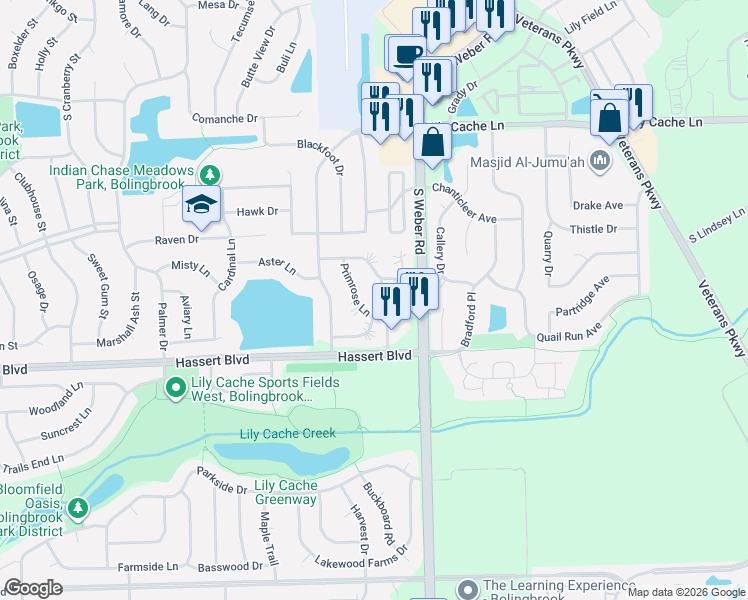 map of restaurants, bars, coffee shops, grocery stores, and more near 425 Butterfly Road in Bolingbrook