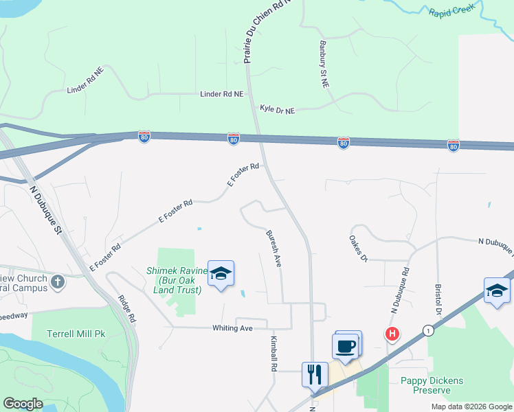 map of restaurants, bars, coffee shops, grocery stores, and more near 1534 Buresh Avenue in Iowa City