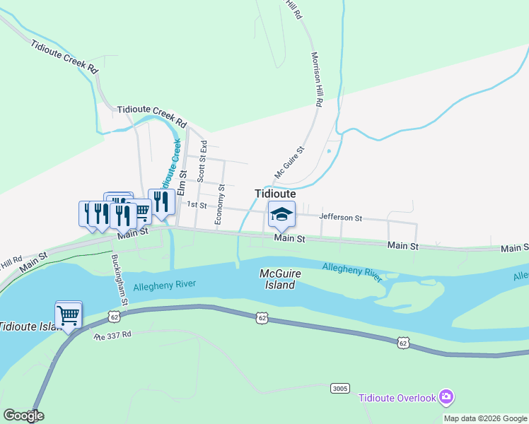map of restaurants, bars, coffee shops, grocery stores, and more near 99 McGuire Saint Exd in Tidioute