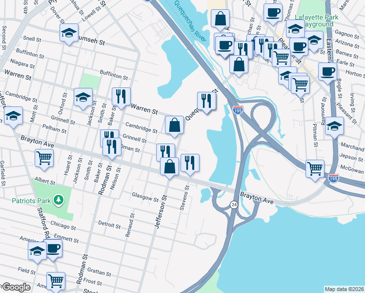 map of restaurants, bars, coffee shops, grocery stores, and more near 172 Jefferson Street in Fall River
