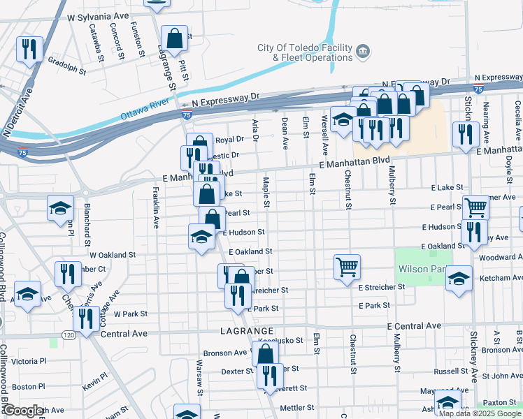 map of restaurants, bars, coffee shops, grocery stores, and more near 3333 Maple Street in Toledo