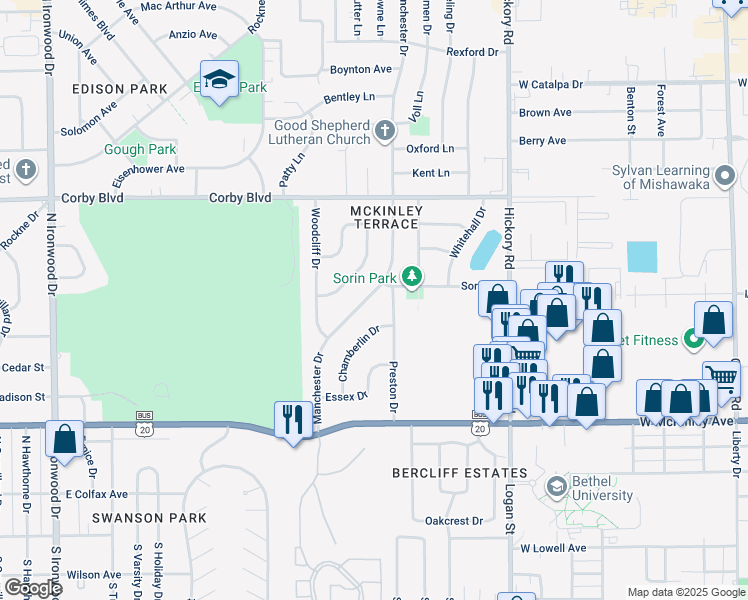 map of restaurants, bars, coffee shops, grocery stores, and more near 622 Manchester Drive in South Bend