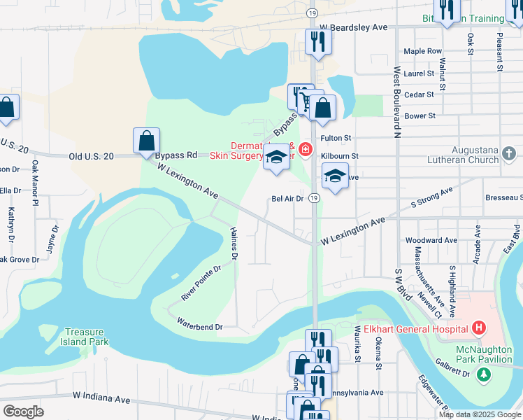 map of restaurants, bars, coffee shops, grocery stores, and more near 2300 West Lexington Avenue in Elkhart