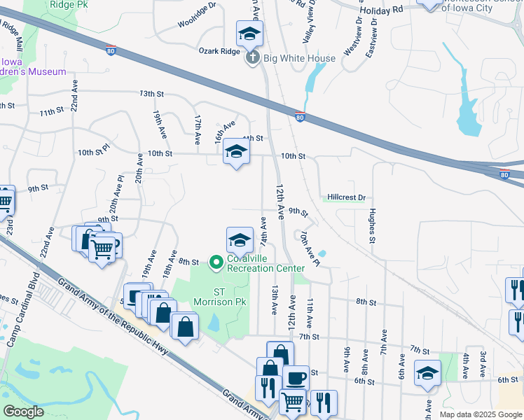 map of restaurants, bars, coffee shops, grocery stores, and more near 1401 9th Street in Coralville