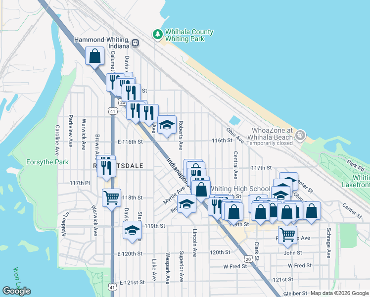 map of restaurants, bars, coffee shops, grocery stores, and more near 1635 Roberts Avenue in Whiting