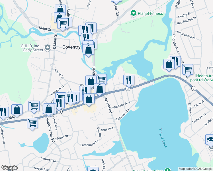 map of restaurants, bars, coffee shops, grocery stores, and more near 34 Whitman Street in Coventry