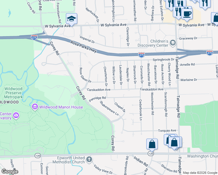 map of restaurants, bars, coffee shops, grocery stores, and more near 3641 Chesterton Drive in Toledo