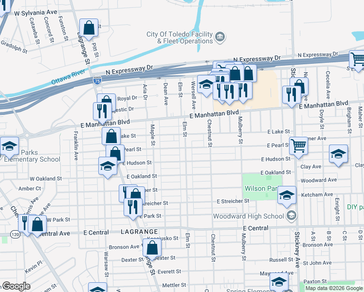 map of restaurants, bars, coffee shops, grocery stores, and more near 3385 Elm Street in Toledo