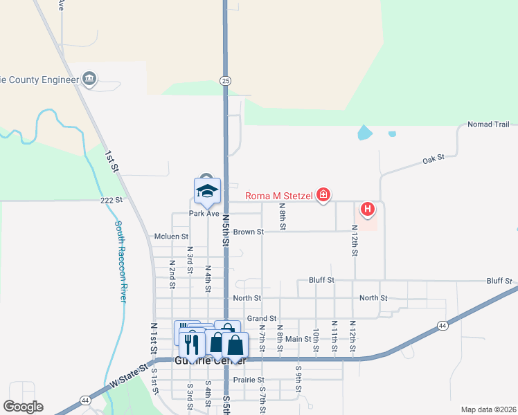 map of restaurants, bars, coffee shops, grocery stores, and more near 701-799 Oak Street in Guthrie Center