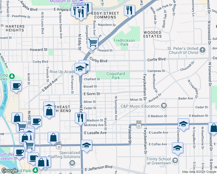 map of restaurants, bars, coffee shops, grocery stores, and more near 1242 Bissell Street in South Bend