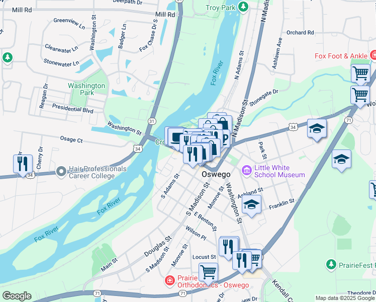 map of restaurants, bars, coffee shops, grocery stores, and more near 65 South Harrison Street in Oswego