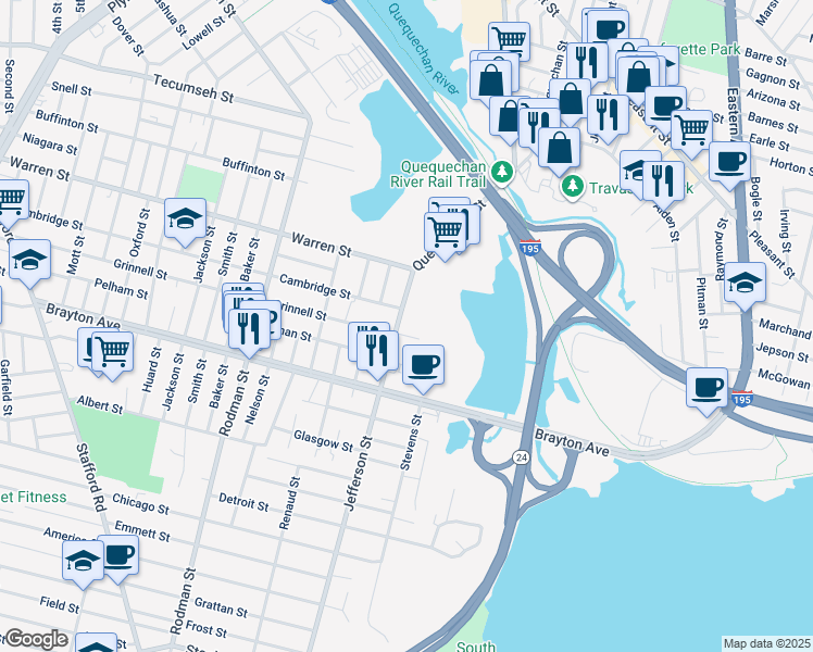 map of restaurants, bars, coffee shops, grocery stores, and more near 876 Cambridge Street in Fall River