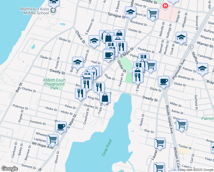 map of restaurants, bars, coffee shops, grocery stores, and more near 147 Kilburn Street in Fall River