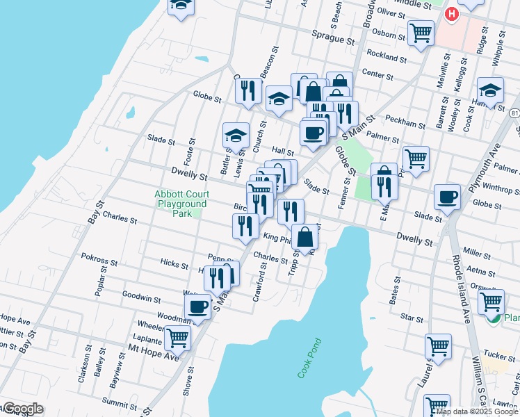 map of restaurants, bars, coffee shops, grocery stores, and more near 587 Dwelly Street in Fall River