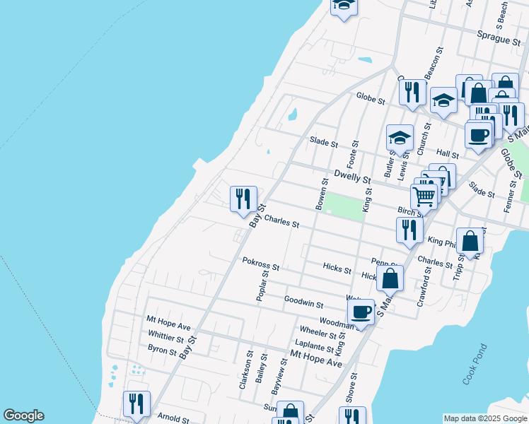 map of restaurants, bars, coffee shops, grocery stores, and more near 199 King Philip Street in Fall River