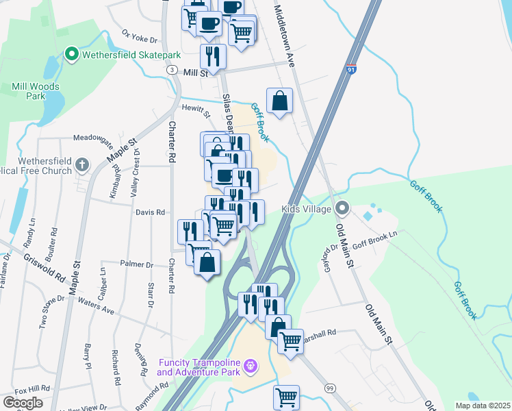 map of restaurants, bars, coffee shops, grocery stores, and more near 88 Executive Square in Wethersfield