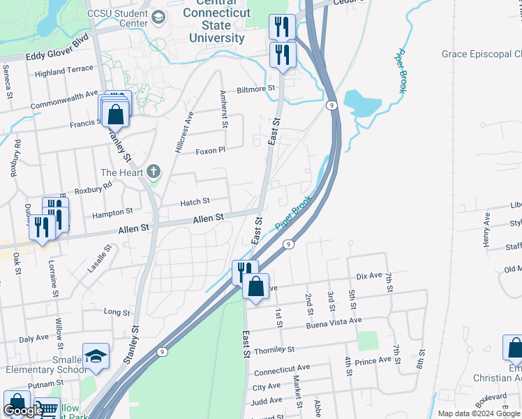 map of restaurants, bars, coffee shops, grocery stores, and more near 23 Saint Clair Avenue in New Britain