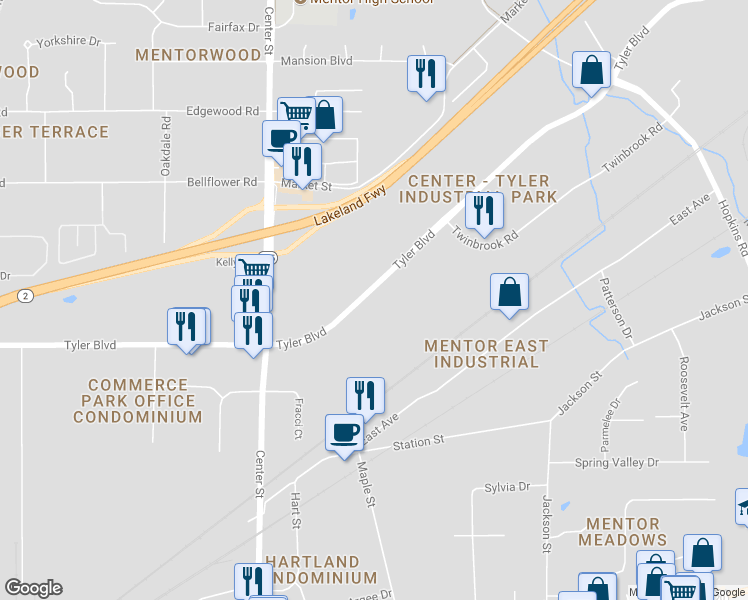 map of restaurants, bars, coffee shops, grocery stores, and more near 8507 Tyler Boulevard in Mentor
