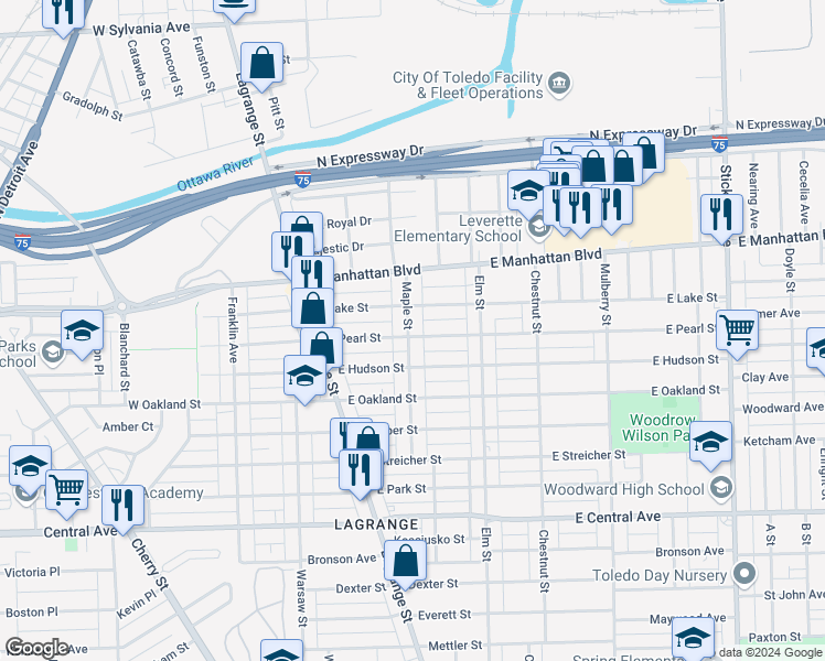 map of restaurants, bars, coffee shops, grocery stores, and more near 3381 Maple Street in Toledo