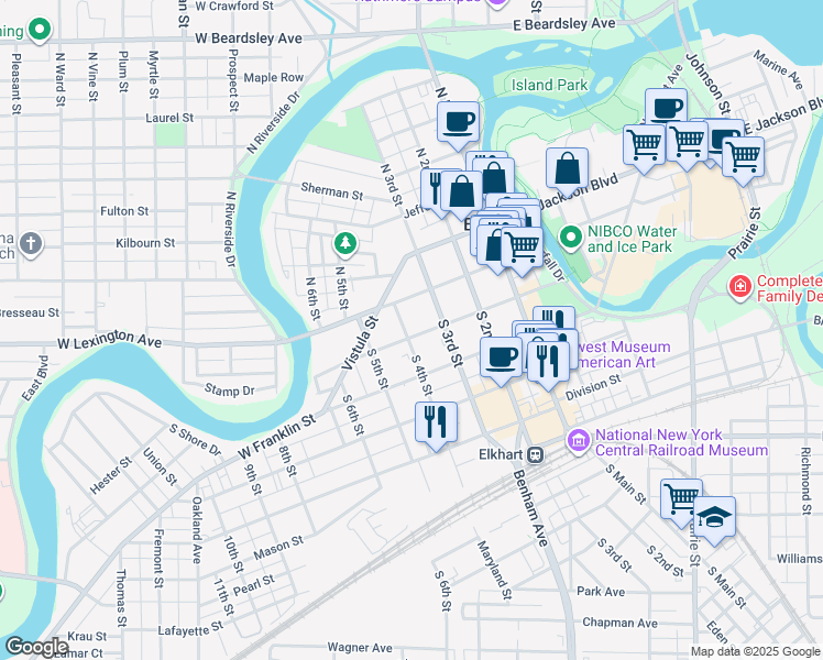 map of restaurants, bars, coffee shops, grocery stores, and more near 325 West Lexington Avenue in Elkhart
