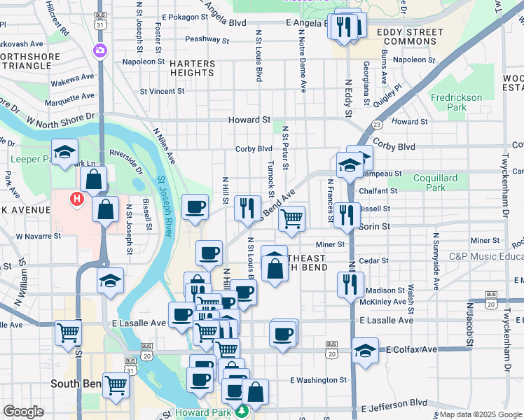 map of restaurants, bars, coffee shops, grocery stores, and more near 712 North Saint Louis Boulevard in South Bend