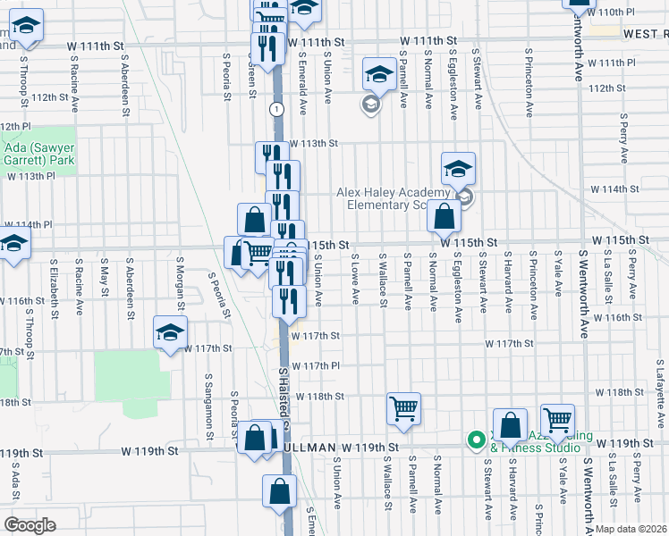 map of restaurants, bars, coffee shops, grocery stores, and more near 639 West 115th Street in Chicago