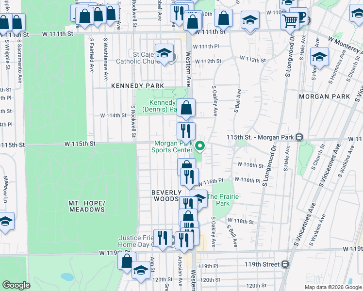 map of restaurants, bars, coffee shops, grocery stores, and more near 11440 South Artesian Avenue in Chicago