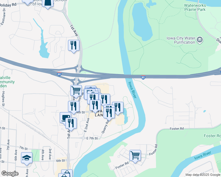 map of restaurants, bars, coffee shops, grocery stores, and more near 301 East 11th Street in Coralville