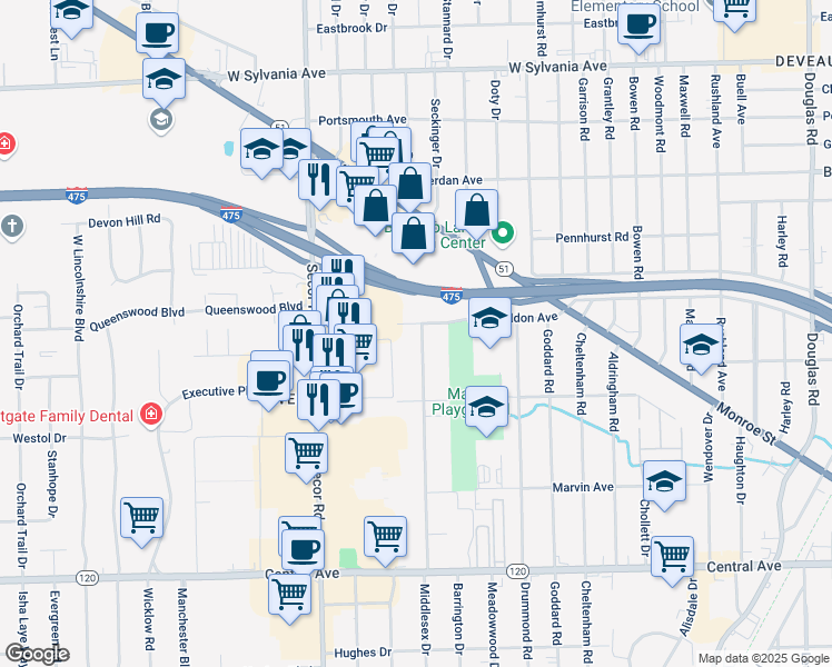 map of restaurants, bars, coffee shops, grocery stores, and more near 3427 Middlesex Drive in Toledo