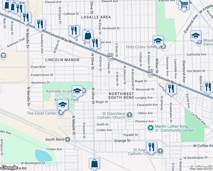 map of restaurants, bars, coffee shops, grocery stores, and more near 749 Huey Street in South Bend