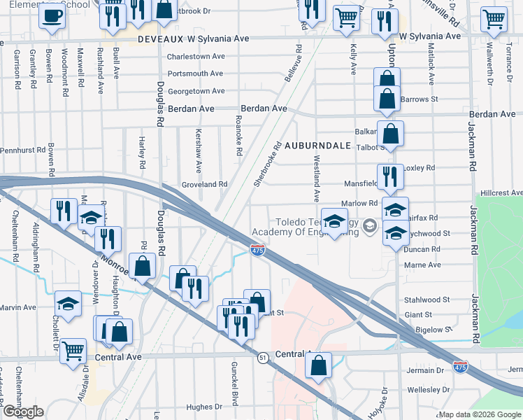 map of restaurants, bars, coffee shops, grocery stores, and more near 3610 Sherbrooke Road in Toledo