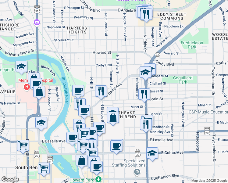 map of restaurants, bars, coffee shops, grocery stores, and more near 627 North Saint Peter Street in South Bend