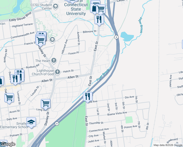 map of restaurants, bars, coffee shops, grocery stores, and more near 23 Saint Clair Avenue in New Britain