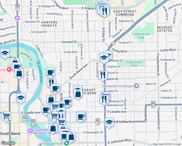 map of restaurants, bars, coffee shops, grocery stores, and more near 719 North Notre Dame Avenue in South Bend