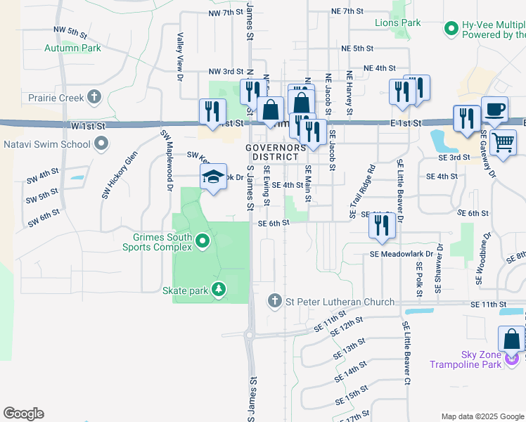 map of restaurants, bars, coffee shops, grocery stores, and more near 413 Northeast Ewing Court in Grimes