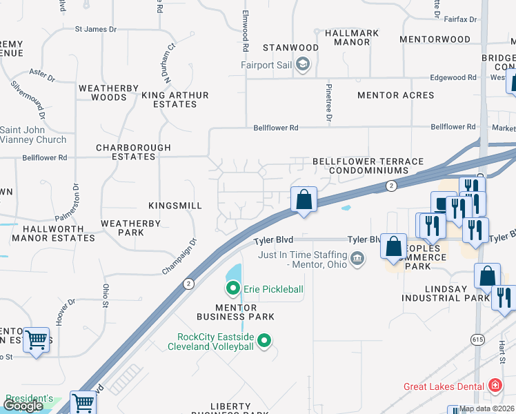 map of restaurants, bars, coffee shops, grocery stores, and more near 6864 Beacon Drive in Mentor