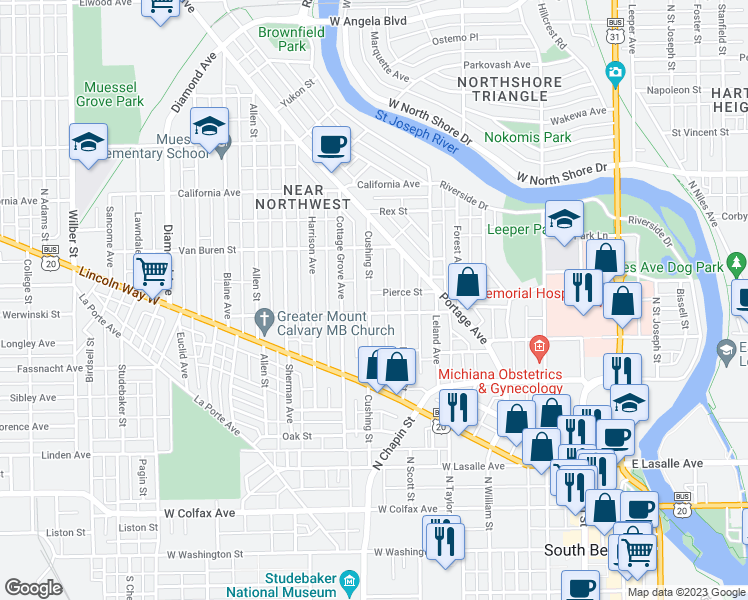 map of restaurants, bars, coffee shops, grocery stores, and more near 710 Cushing Street in South Bend