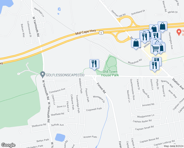 map of restaurants, bars, coffee shops, grocery stores, and more near 597 Forest Road in Yarmouth