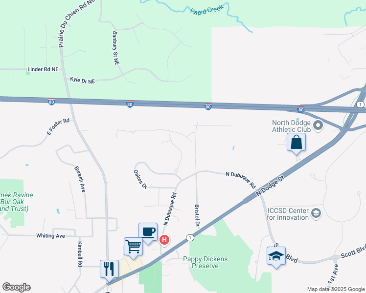 map of restaurants, bars, coffee shops, grocery stores, and more near 1825 Bristol Drive in Iowa City
