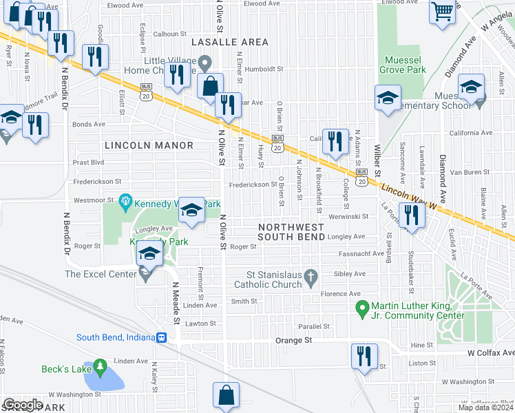 map of restaurants, bars, coffee shops, grocery stores, and more near 717 Huey Street in South Bend