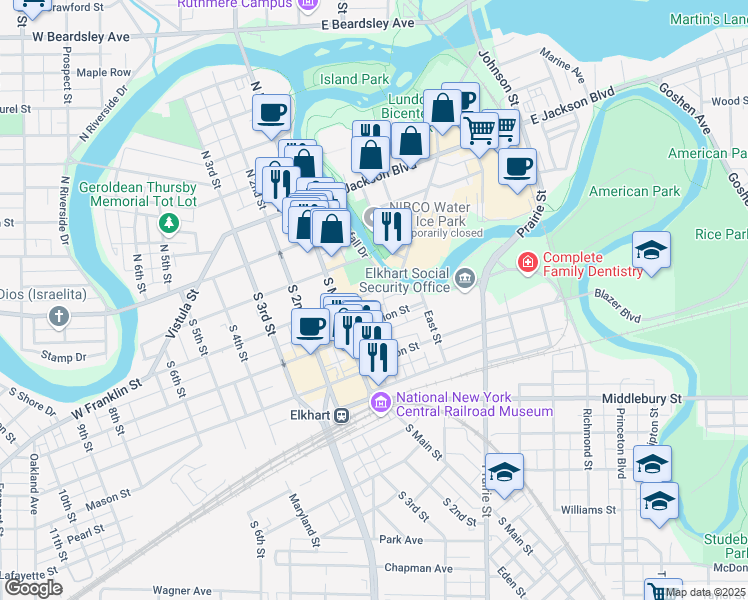 map of restaurants, bars, coffee shops, grocery stores, and more near in Elkhart