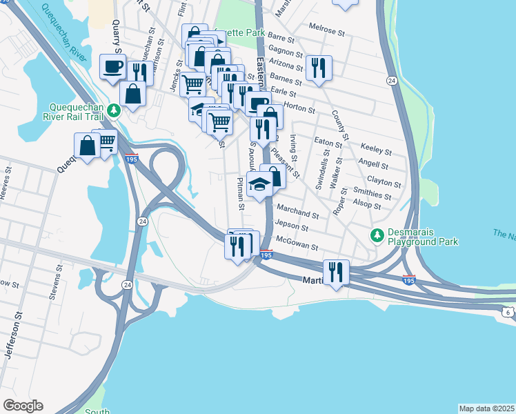 map of restaurants, bars, coffee shops, grocery stores, and more near 935 Eastern Avenue in Fall River