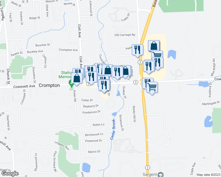 map of restaurants, bars, coffee shops, grocery stores, and more near 16 Village Court in West Warwick