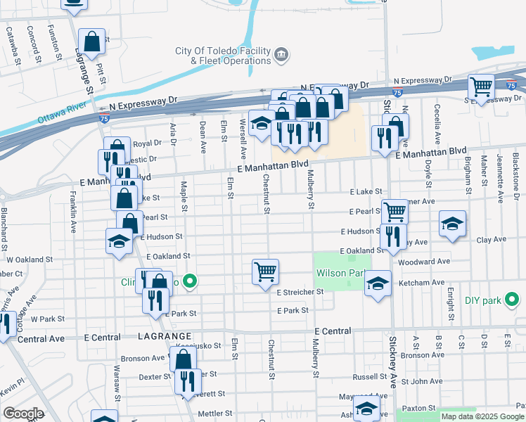 map of restaurants, bars, coffee shops, grocery stores, and more near 3353 Chestnut Street in Toledo