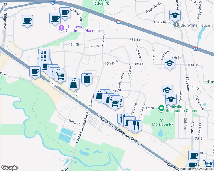 map of restaurants, bars, coffee shops, grocery stores, and more near 1104 21st Avenue Place in Coralville