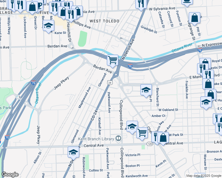 map of restaurants, bars, coffee shops, grocery stores, and more near 3405 North Detroit Avenue in Toledo