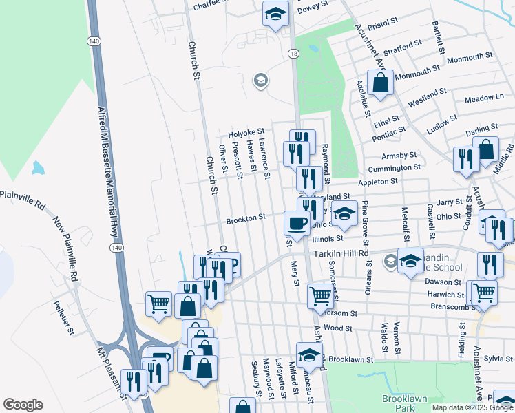 map of restaurants, bars, coffee shops, grocery stores, and more near 193 Lawrence Street in New Bedford