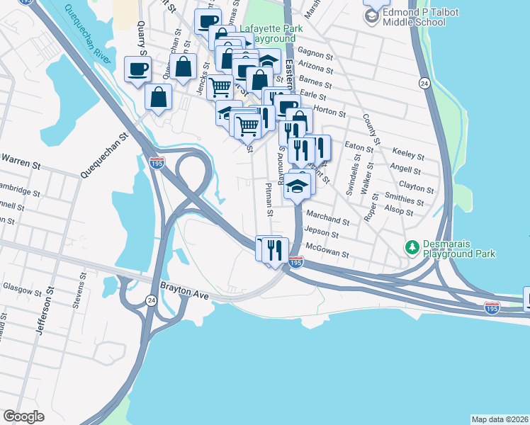 map of restaurants, bars, coffee shops, grocery stores, and more near 180 Pitman Street in Fall River